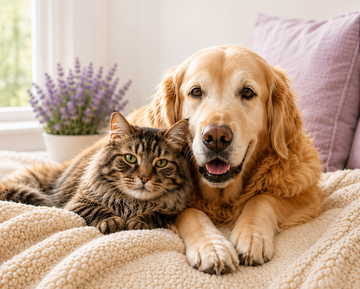 Senior dog and cat resting together at home with Caring Pathways senior pet support resources.